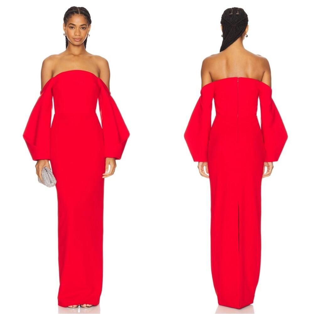 SOLACE LONDON Lotta Off the Shoulder Long Sleeve Red Maxi Dress Size 0